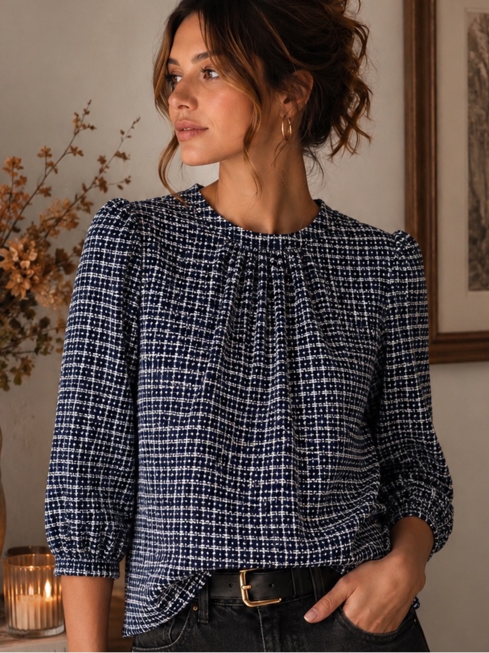 NWT VOY Navy White Tweed Textured Blouse Sequin Ruffle Cuff Top Size L